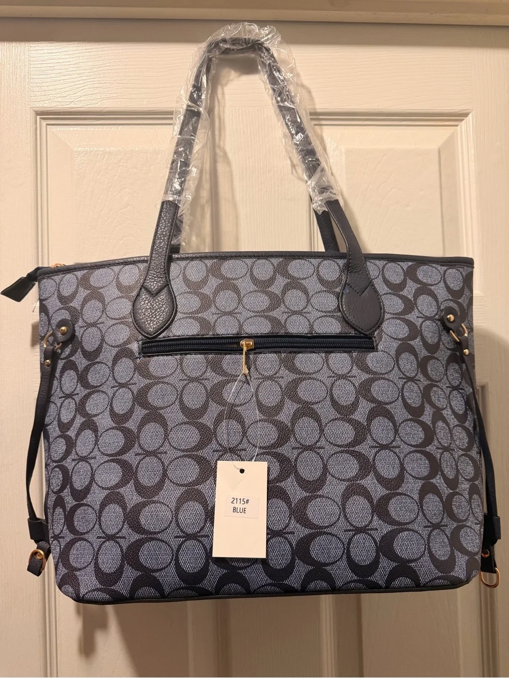 C Blue and Gray Signature Tote with Gold Hardware